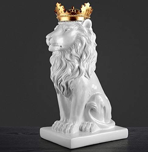 9" King of The Forest Lion Statue,Glod Crown Lion Figurine Sculpture Animal Decoration (White)