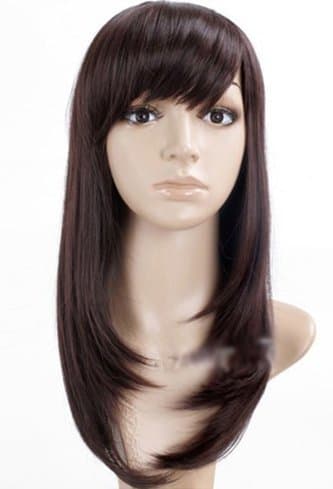 Sogood Cute Elegant Japanese Style Dark Brown Oblique Neat Bang Straight Hair Medium Length Wigs for Gril Lady Women