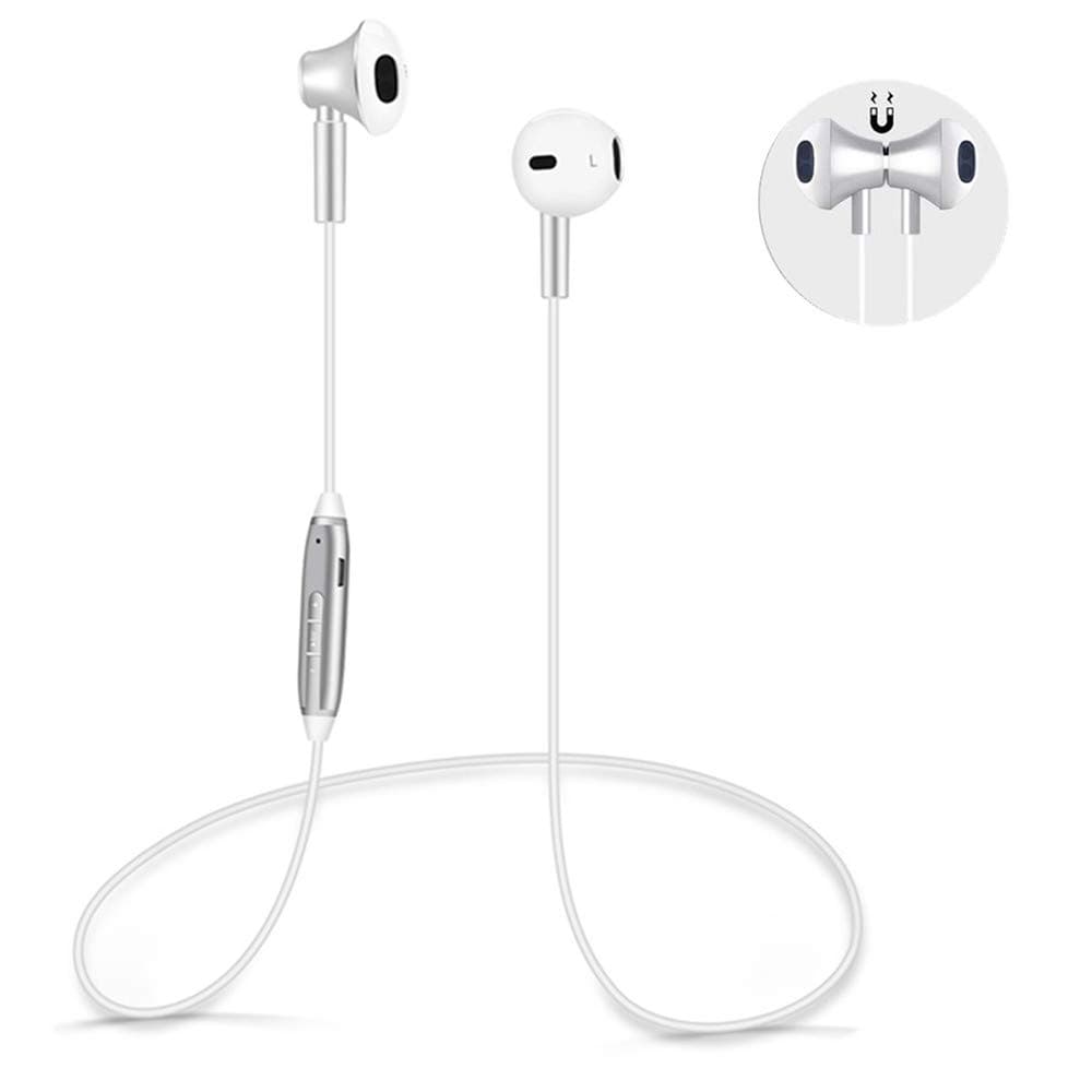 Bluetooth Headphones V4.1 Magnetic Wireless Earphones HD Stereo Noise Reducing IPX4 Sweatproof Light Sport Headset with Mic, 50min Fast Charge, 4-5h Play Time for Running Gym Workout (White-Silver)