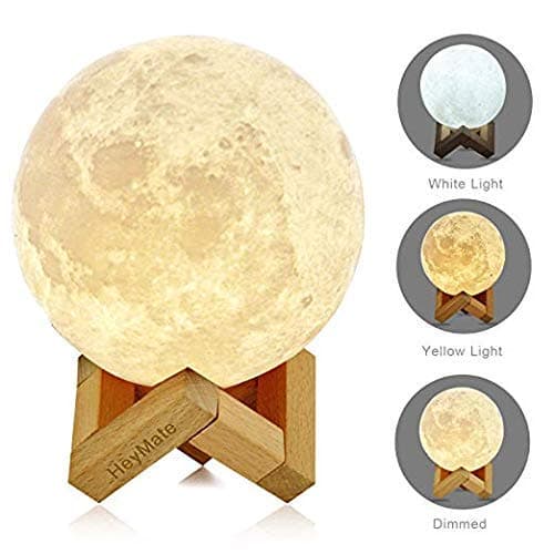 HeyMate 3D Printing Lunar Lamp Touch Control Night Light as Kids Women Girls Gift,Large ! 5.9" Rechargeable Moon Lamp with Wooden Holder, Warm Cool White Dimmable Touch Control