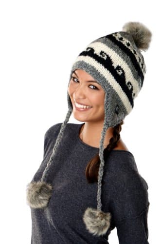 SIJJL Fleece Lined Earflap hat with Faux Fur Pompom Accents Grey one Size Apparel