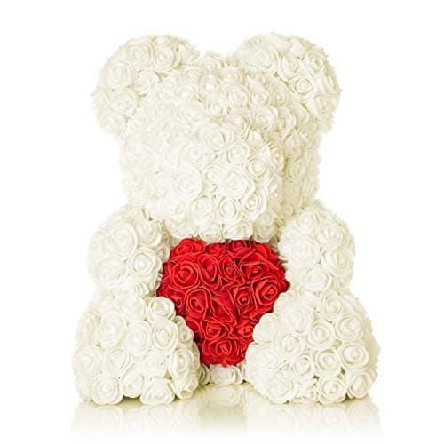 The Forever Rose Teddy Bear for Valentines - Gorgeous 14" Teddy Bear Made with Handmade Roses in Elegant, Fancy Valentine Gift Box (Champagne White w/Red Heart)