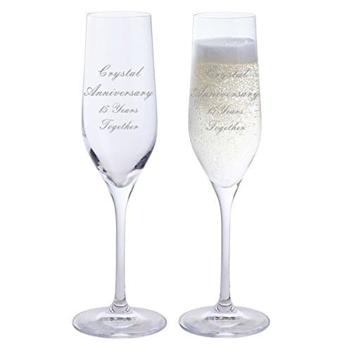 2 Crystal Anniversary 15 Years Together Pair of Dartington Champagne Flutes Glasses