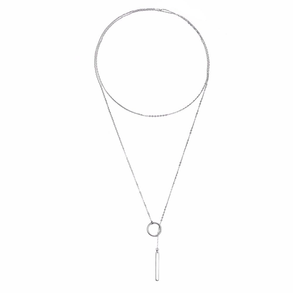 CheredaQIANDI Long Necklace Silver Plated Open Circle and Dangling Bar Lariat Necklace, 925 Silver