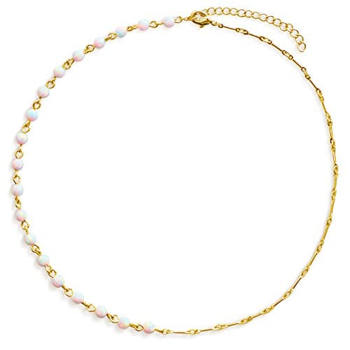 Choker Necklace: Opal Choker White Opal Beads 14K Gold Beaded Choker Necklace for Women Unique Design (13”)