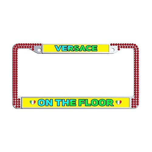 Nuoousol Bling Bling red Rhinestones License Plate Frames, Versace On The Floor Waterproof Glitter Rhinestones Crystal License Frames Plate for Cars with 2 Holes Screws Caps Set