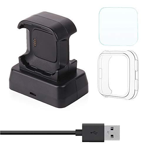 Moutik Fitbit Versa Charger Portable: Charging Dock Accessories Station with Tempered Glass and Smartwatch Protective Case, with 4.2ft Replacement USB Charging Cable Cord