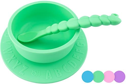 OBB Silicone Baby Bowl with Suction Cup Base and ABC Print | Includes Caterpillar Spoon (Green)