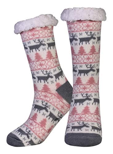 Cansok Women’s Winter Non-Slip Fleece Lined Slipper Socks Knitting Animal Fuzzy Cozy Warm Christmas Socks Stocking (Cat Gray)
