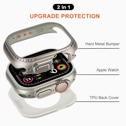 Metal Cases Compatible with Apple Watch Ultra 2/Ultra 49mm Case, 2 in 1 Stainless Steel Protective Cover Rugged Bumper with Back Frame for iWatch Ultra 49mm, Titanium