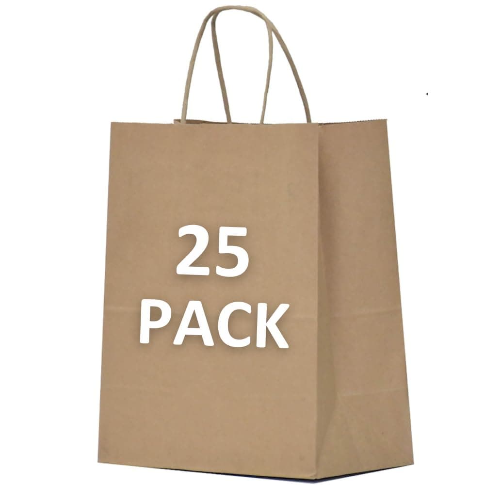 Qutuus Kraft Gift Bags Large with Handles 25 Pcs 10x5x13 inch Brown Gift Bags, Kraft Paper Bags for Shopping Reusable Grocery Bag