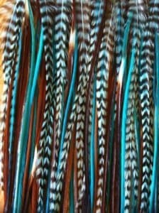 Feather Hair Extension – Indian Blue, Turquoise, Brown, and Grizzly Feathers, Five Real Rooster Feathers Bonded Together, Ranging From 6 to 10 Inches in Length, One Extension