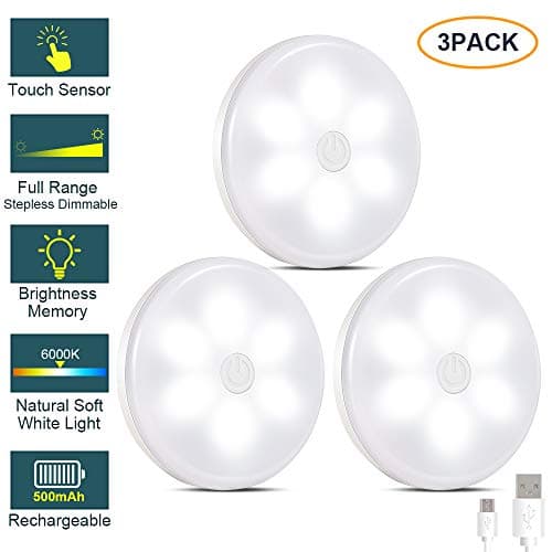 LUNSY Puck Lights Rechargeable, LED Under Cabinet Lighting, Wireless Closet Lights,Touch Dimmable Night Light for Kitchen, Bedroom, Stairs, Bar - 3 Pack
