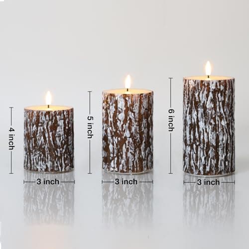 Eywamage Brown Pine Bark Flameless Pillar Candles with Remote, Farmhouse Battery Operated LED Wood Candles Set of 3