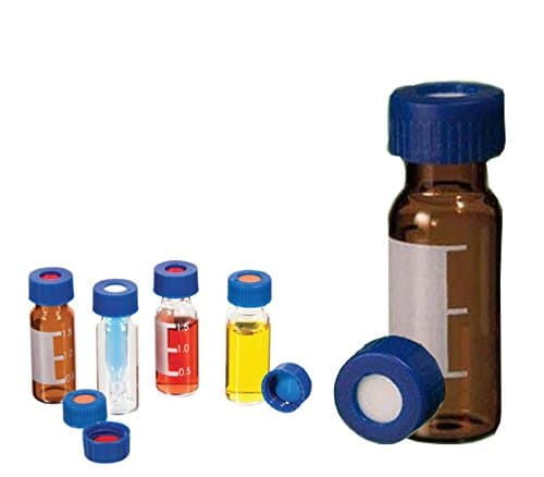 Cyberlab USA BX-KT-09AP-UNI 9 mm Screw Top Amber Glass Vials with Write-on Patch, 1.5/2.0 ml for HPLC/GC, USP1 with White Si/Red PTFE Septa Bonded in Blue Screw Cap (Pack of 1000)