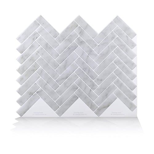 Yiyasu White Gray Marble Herringbone Mosaic Peel and Stick Wall Tile Self Adhesive Backsplash DIY Kitchen Bathroom Home Decal 3D (4 Tiles)