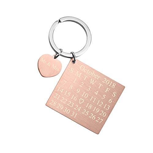Personalized Engraved Date Calendar Keychain Stainless Steel Heart Tag Key Chain w/Gift Box