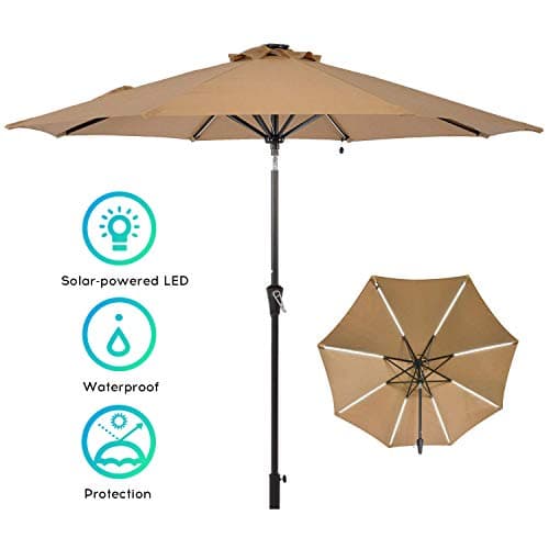 LCH 9ft Patio Umbrella Outdoor Table Umbrella with Push Button Tilt/Crank and LED Lights, 8 Sturdy Ribs,Beige with Light