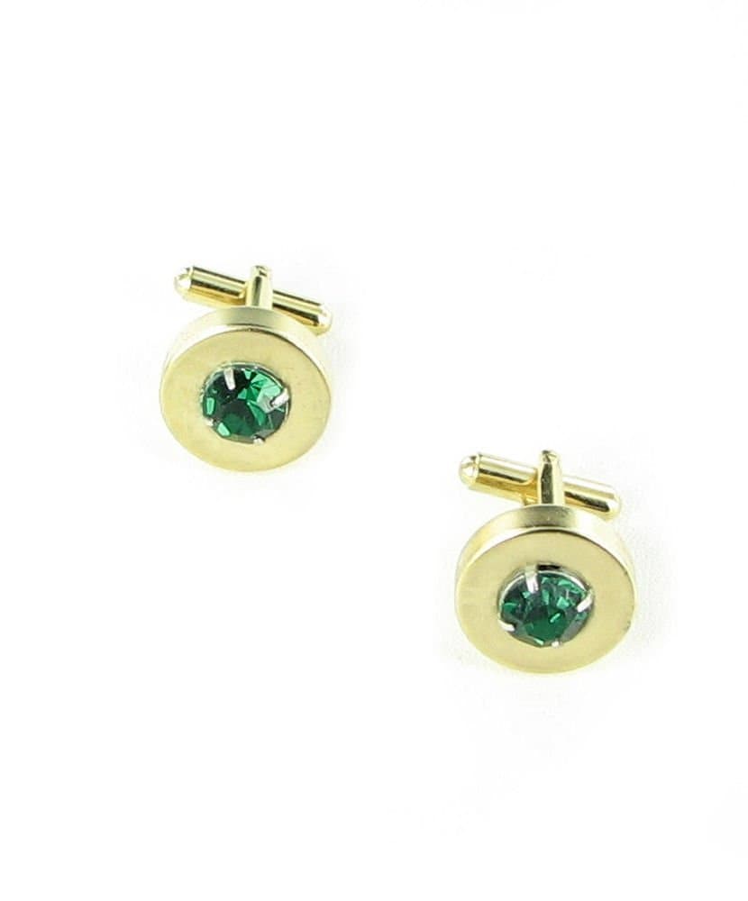 Gold Tone Green Rhinestone Round Design Cuff Links Cufflinks Mens