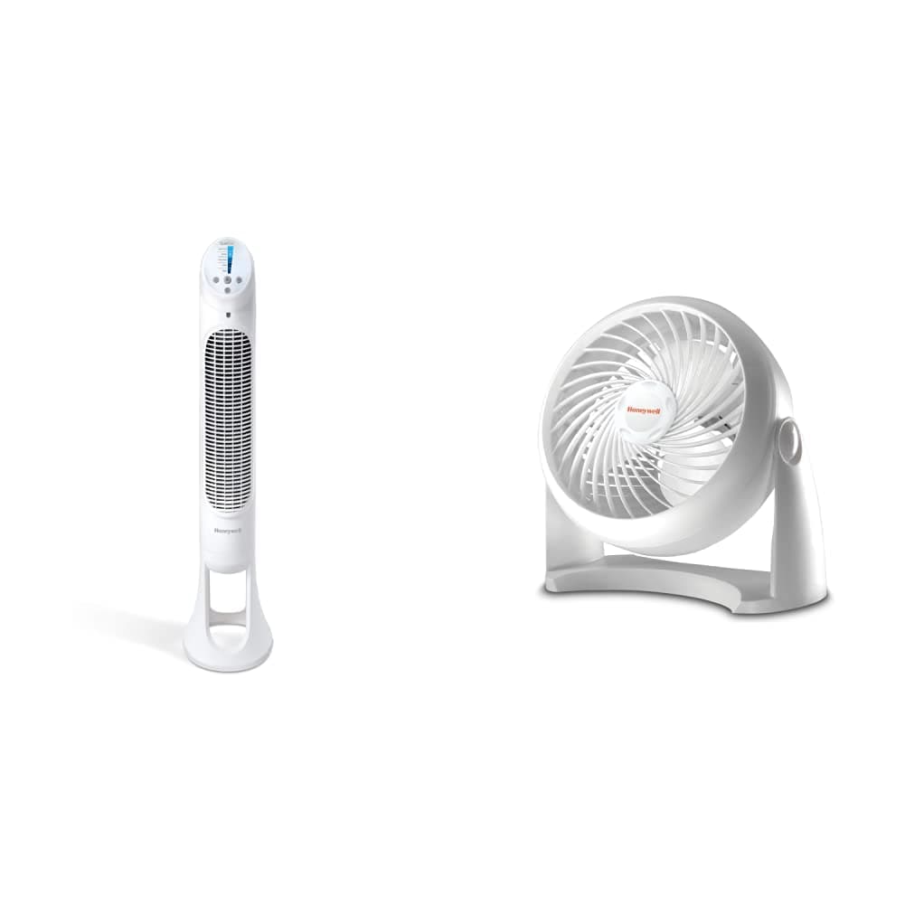 Honeywell Quiet Set Whole Room Tower Fan & HT-904 TurboForce Tabletop Air Circulator Fan, Small, White – Quiet Personal Fan for Home or Office, 3 Speeds and 90 Degree Pivoting Head