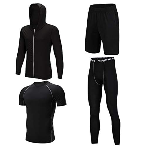 XHDOU Men's Compression 3/4 Capri Pant Shirt Set, Baselayer Cool Dry Tights Running Shorts, Black