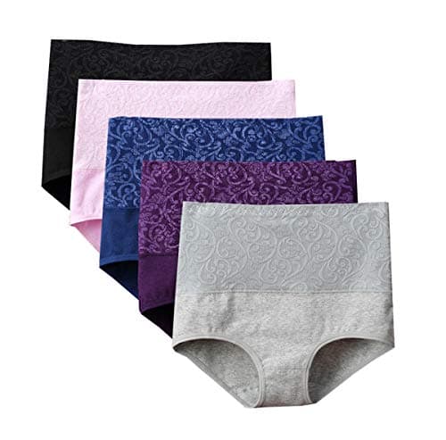 Lashapear Womens High Waist Underwear Solid Color Tummy Control Cotton Brief Panties 3/5 Pack