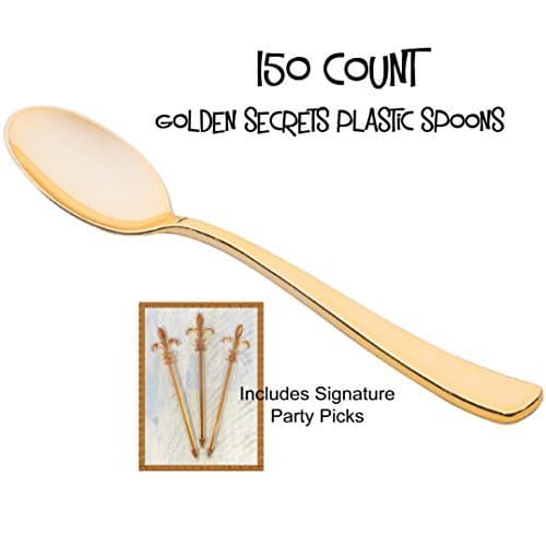 Gold Plastic Spoons, PACK of 150 Golden Secrets w/Signature Party Picks