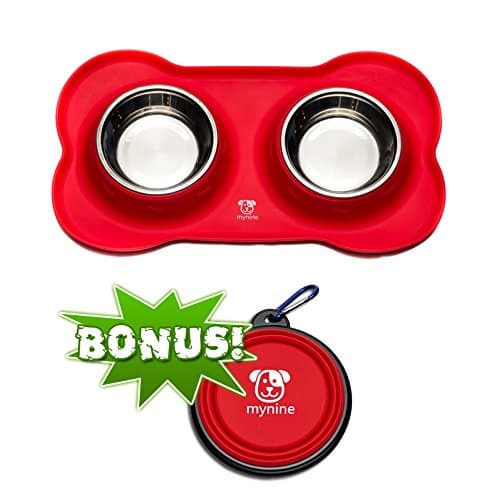 Dog Bowls Stainless Steel Set with No Spill Non-Skid Red Bone Silicone Mat 12 oz Perfect For Small Dogs Cats and Pets & Collapsible Travel Dog Bowl BONUS by MYNINE