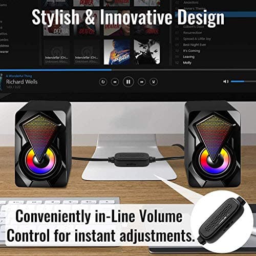 Computer Speakers,Wired PC Speaker 2.0 USB Gaming Powered Stereo Mini Multimedia Volume Control with RGB Lights 3.5mm Aux Input for Phone Tablets Desktop Laptop