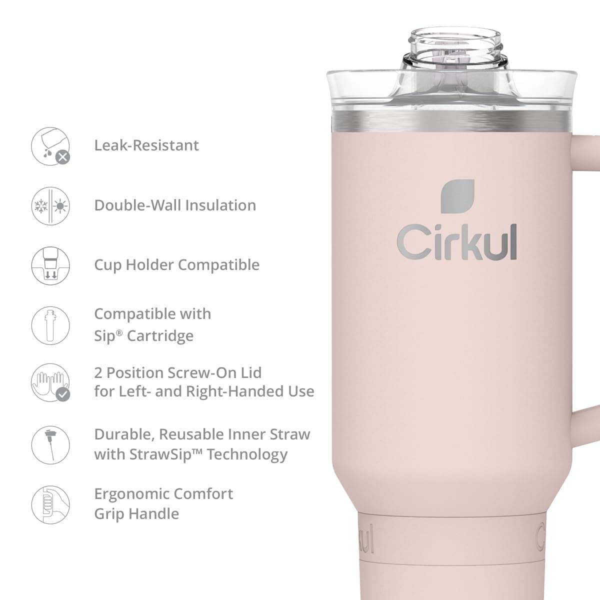 Cirkul 40oz. Blush Stainless Steel Tumbler with Handle, All-Day StrawSip™, Double-Wall Insulated