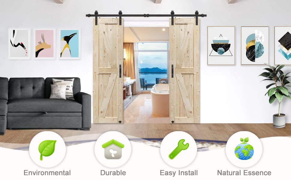 S&Z TOPHAND 20 in. x 84 in. Unfinished British Brace Knotty Barn Door with 4FT Sliding Door Hardware Kit/Solid Wood/Sliding/Double Surfaces/A Simple Assembly is Required (20, Door+J Shape)