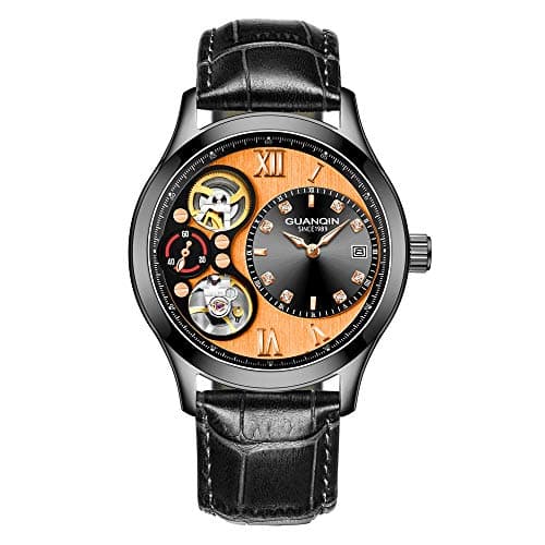 Men Calendar Analog Automatic Self Winding Mechanical Skeleton Wrist Watch with Leather Band Luminous Pointer