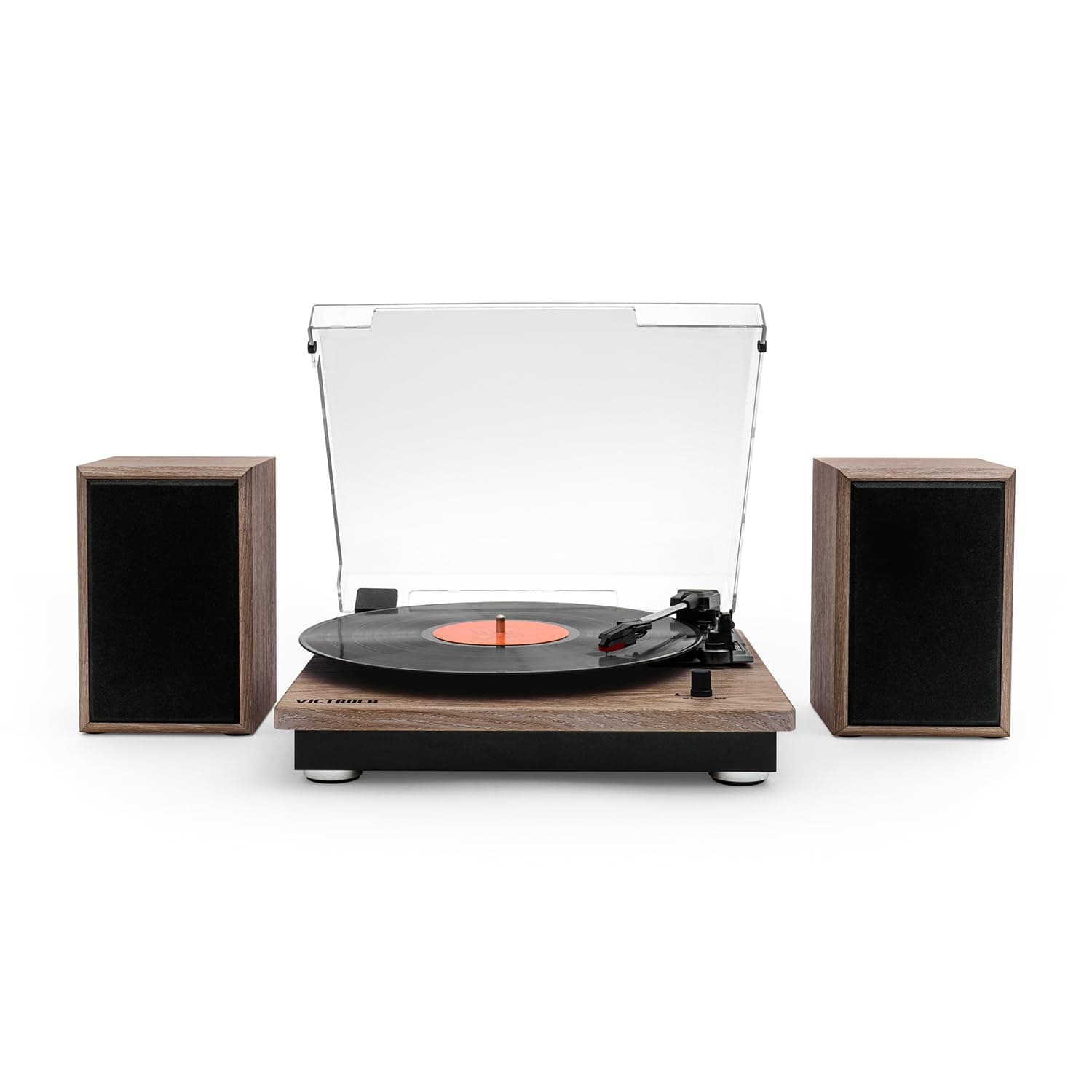 Victrola Montauk Vinyl Record Player, Oak Finish, 3-Speed Belt Driven Turntable with Stereo Bluetooth Speaker Pair, RCA Output and 3.5mm Headphone Jack, Removable Dust Cover