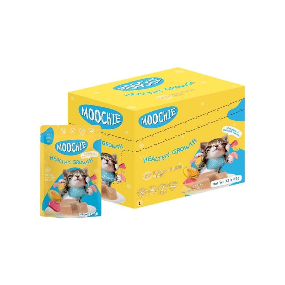 PETS EMPIRE Moochie Tasty Wet Cat Food, Grain Free Cats Gravy Meal, Healthy Growth Tuna Mousse with Chicken, No Artificial Flavours Kitten Food, Non-Vegetarian Cat Foods Pouch (85 g X 12 Pouches)