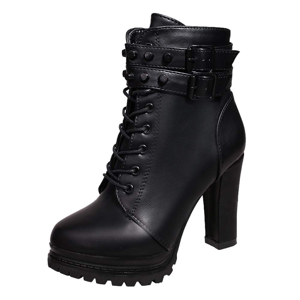 Lazzboy 1stLazzboy Women Boot Booties Ankle/Mid-Calf High Heel Pumps/Flat Leather Rivets Buckle Lace-Up/Zip Shoes