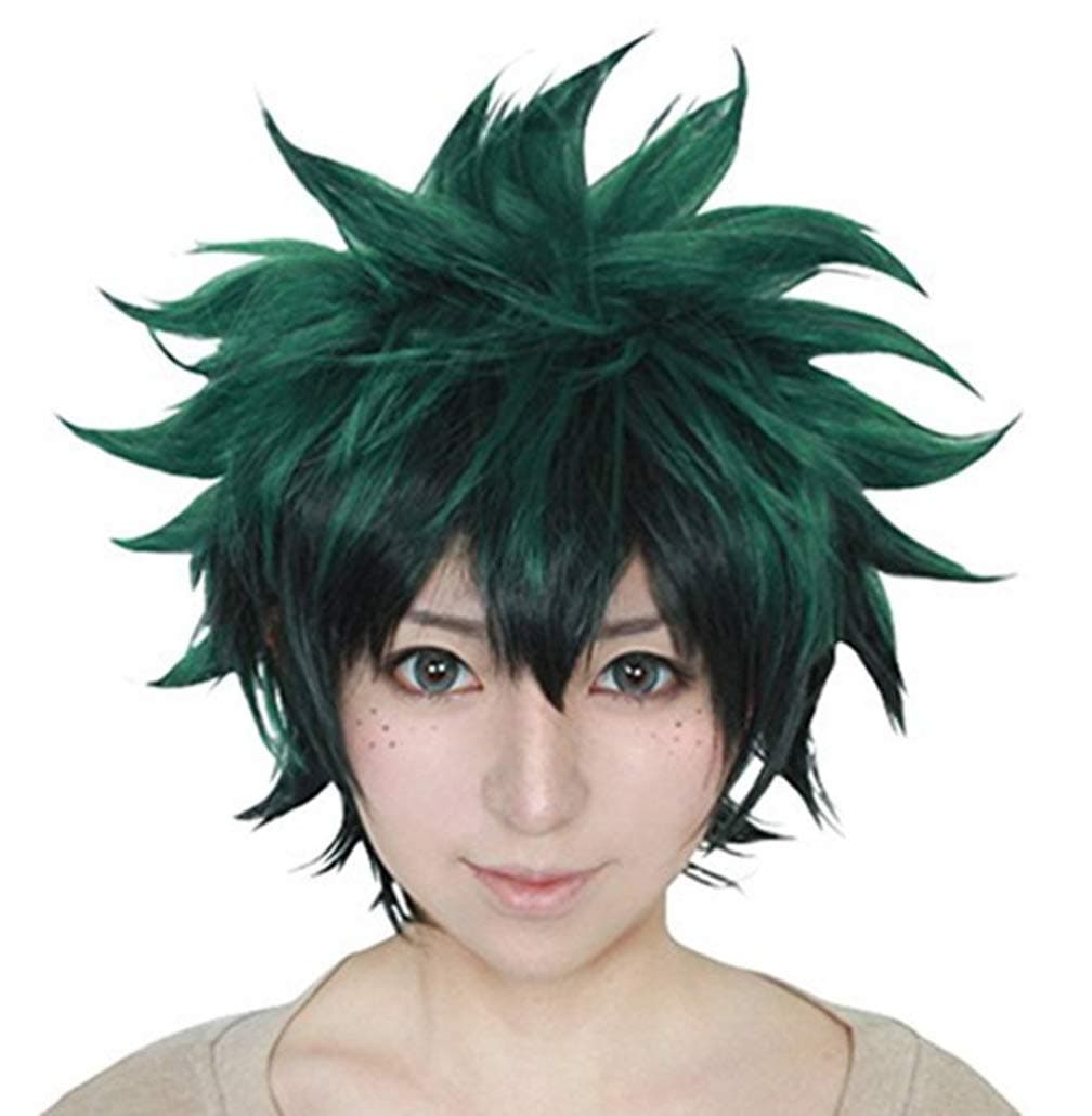 Anogol Hair Cap+Green Short Wavy Cosplay Wig Anime Costume For Boy'S Synthetic Hair Wigs