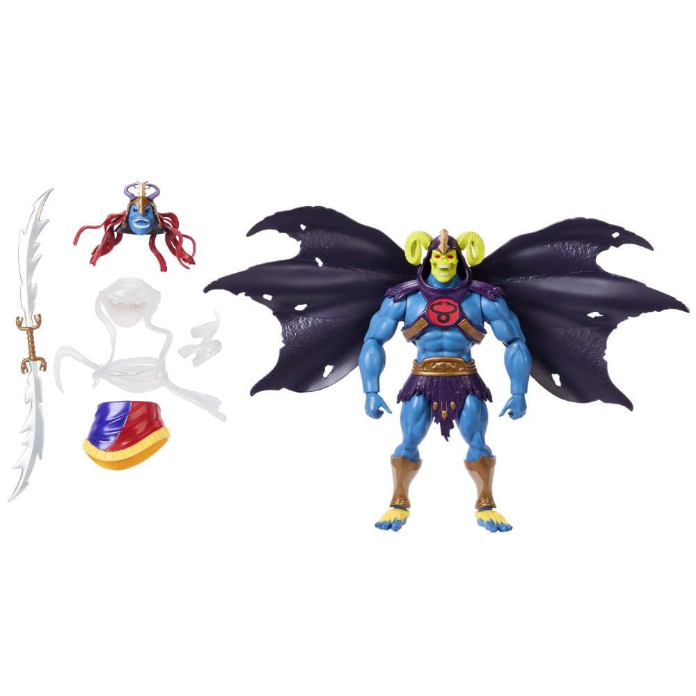 Masters of The Universe Origins X Thundercats Action Figure Skell-Ra, 1980s Skeletor & Mumm-Ra, 5.5-inch Posable, Sword, Swap Heads & Armor & Cape