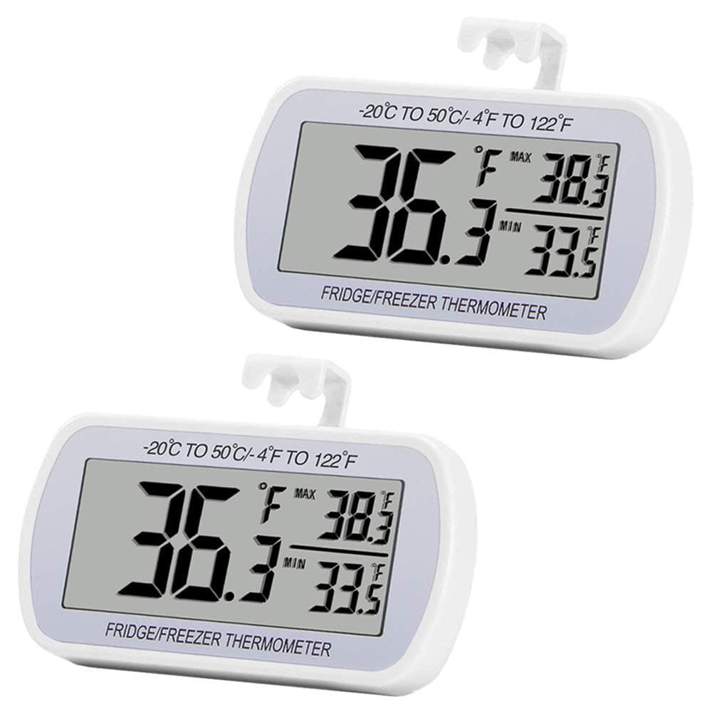 Digital Refrigerator Thermometer 2 Pack Fridge Freezer Room Thermometer Waterproof Large LCD Display Max/Min Record Function, White