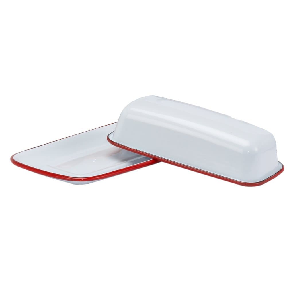 Enamelware Covered Butter Dish - Solid White with Red Rim