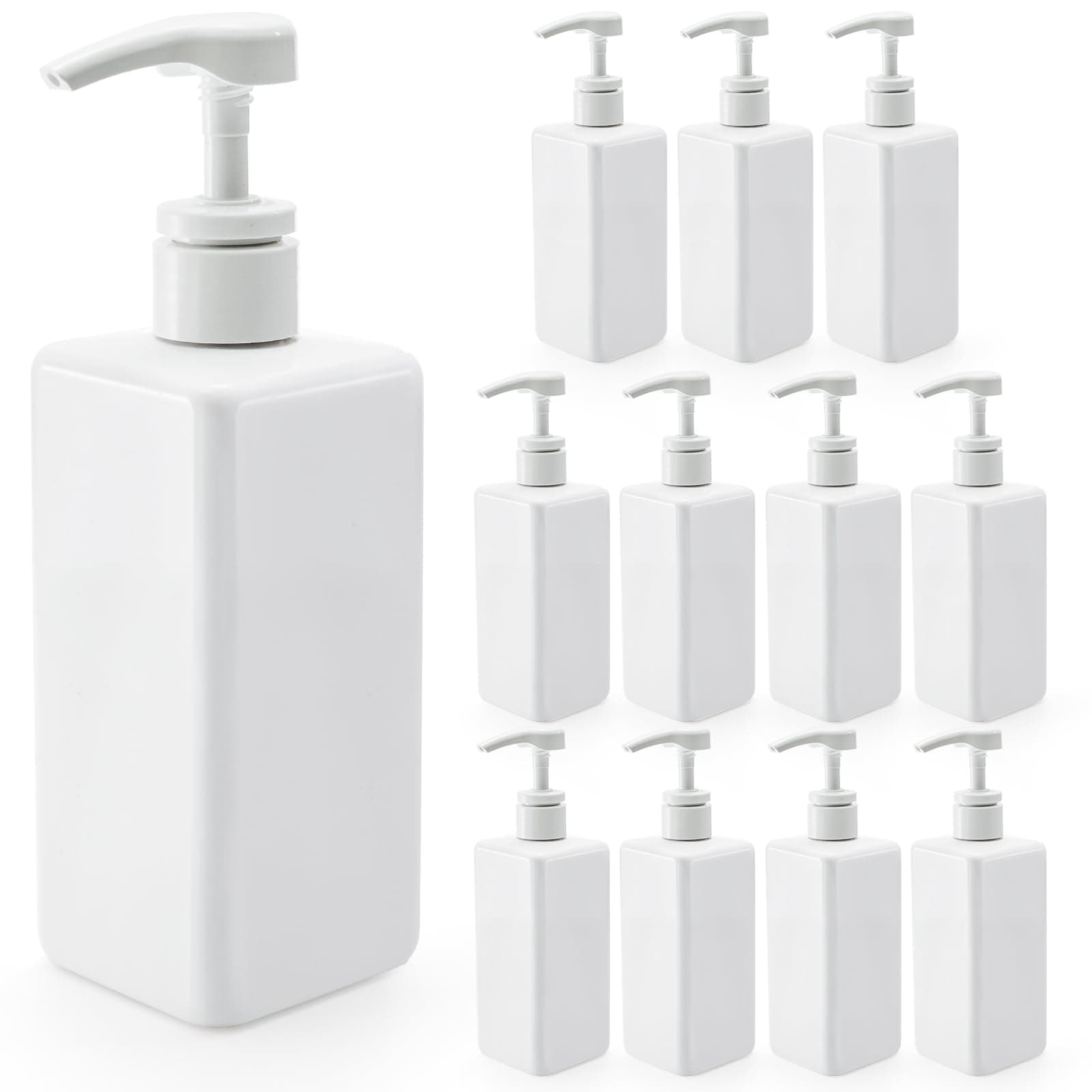 Okllen 12 Pack 16 Oz Plastic Pump Bottles, Empty Refillable Container Liquid Soap Dispenser for Shampoo, Lotion, Cleaning Products, Kitchen, Bathroom, White Square