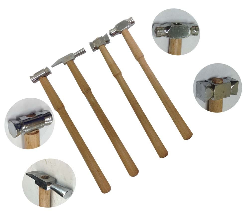 4pc Jeweller's Steel Hammer Set - 9" - Wooden Handle - Square, Ballpein, Chisel Head