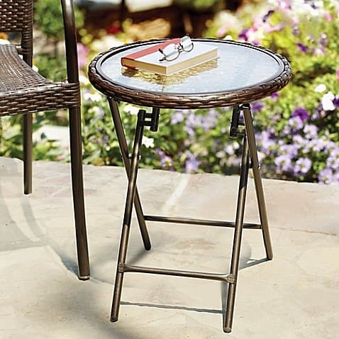 Stratford Wicker Folding Accent Table in Bronze with Tempered Glass Tabletop