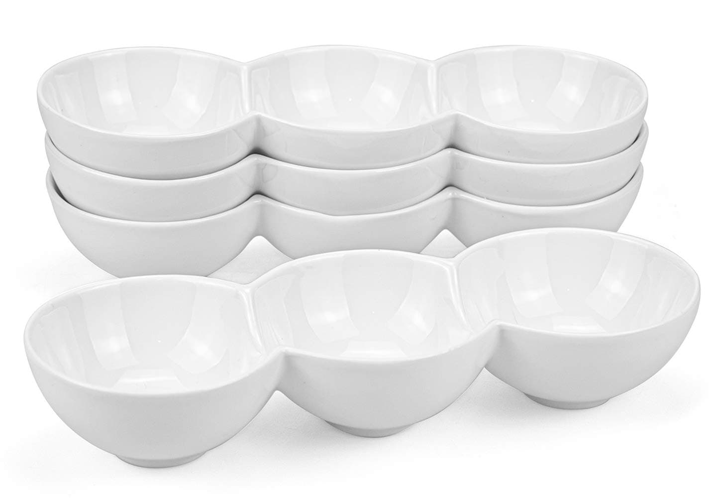 Yesland 3-Compartment Porcelain Appetizer Serving Tray - Set of 4 - White 10 Oz Triplet Bowl, Bowl Set, Perfect for Snacks, Dips, Condiments