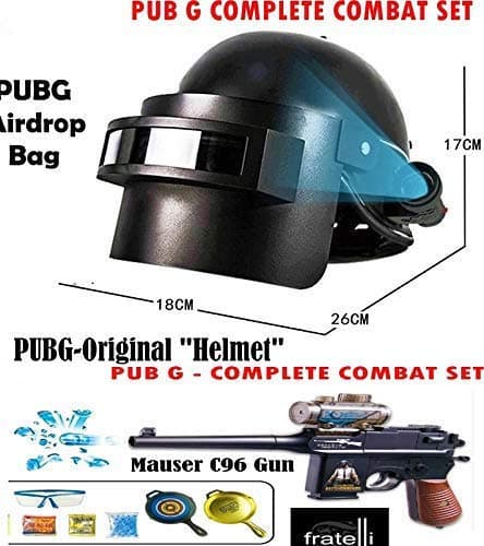 Keychain King Pub G 3 in 1 Gun Water Bullet Soft Bullet Dart Bullets Gun Pubg airdrop Bag and Helmet -Player Unknown Battle Ground Toy Series