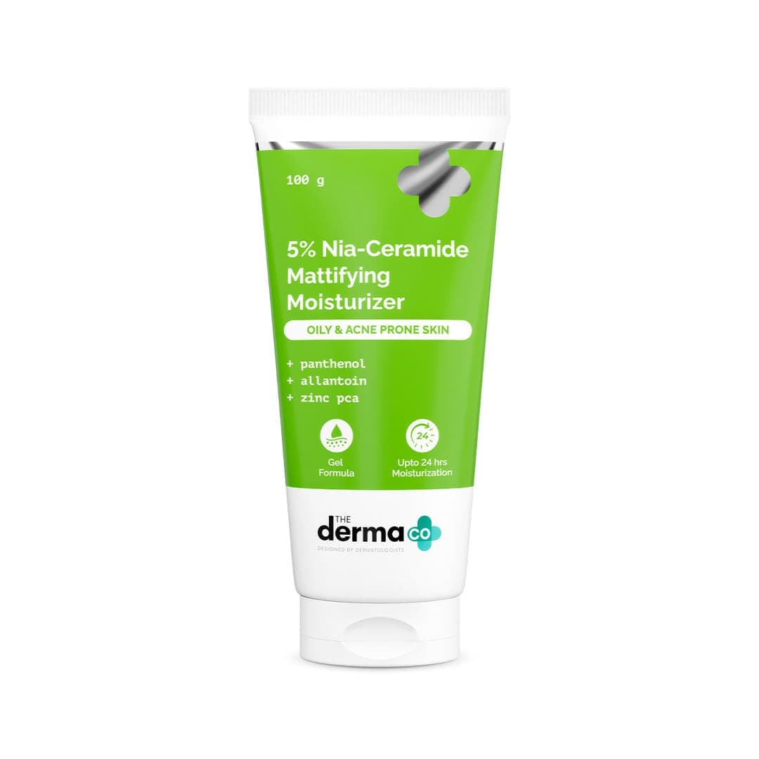 The Derma Co. 5% Nia-Ceramide Mattifying Moisturizer | For Oily to Acne Prone Skin | 5% Niacinamide, 2% Ceramide | 24 hrs. Moisturization | Panthenol, Allantoin & Zinc PCA | Oil-free Moisturizer -100g