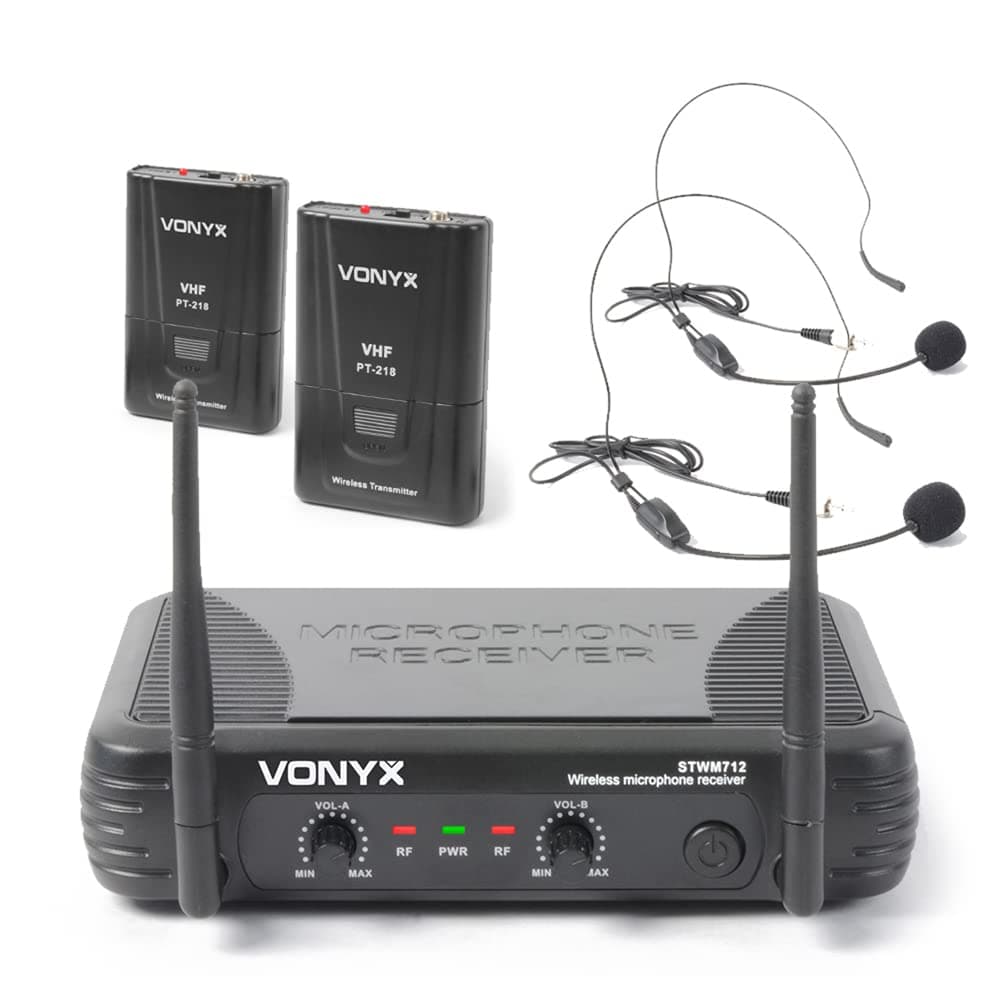 VONYX STWM712H Dual Channel VHF Wireless Microphone System with Two Headset Mics, Bodypacks & Receiver for Vocals, Presentations, DJs, Karaoke & Live PA Events