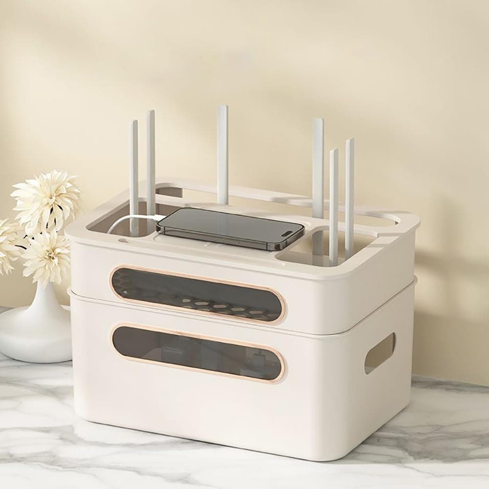 Apap Wifi Router Storage Box,Hider Cord Management Container,Multi Function Cable Box,Practical Box Set Top Box,For Home Office (2 Layers, Apricot)
