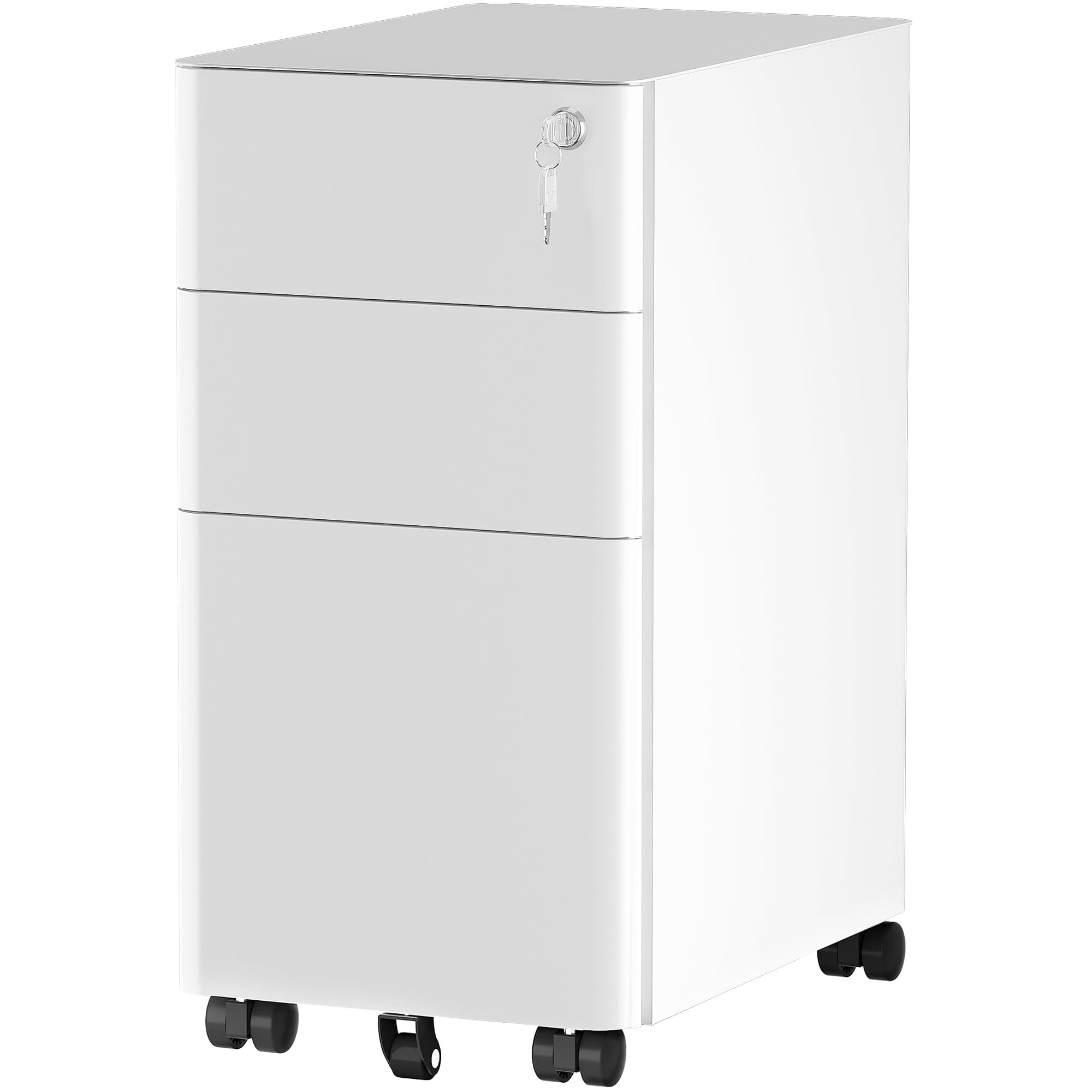 3-Drawers Filing Cabinet Lockable, Home Office Mobile File Cabinets with Wheel, Under Desk File Office Cabinet for Letter/Legal/A4, Fully Assembled, White, 30 x 45 x 61cm