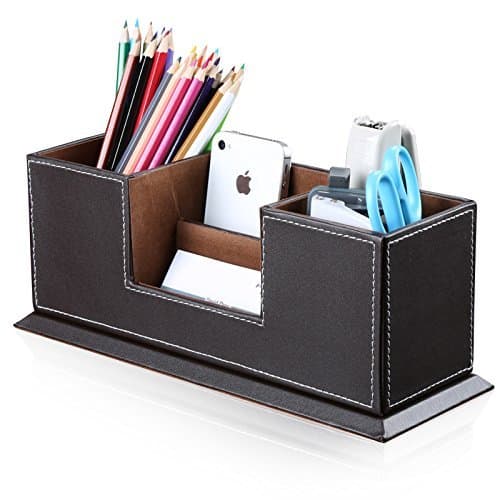 Leather Office Desk Organizer Keeps Supplies and Desktop Accessories Neat. Double Pen Holder + Business Card Holder. Perfect for an Executive. Faux Leather. Vintage Furniture. Brown
