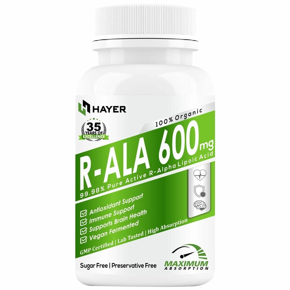 HAYER R-Alpha Lipoic Acid 600mg With Vegan Omega 3, L-Glutathione, Vitamin B12, C, ALA Supplement To Support Liver Detox, Healthy Blood Sugar, Peripheral Neuropathy-60 Sugar-Free Tablet (Pack 1)